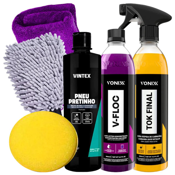 Kit para Limpeza Automotiva Vonixx - Pneu Pretinho V-FLOC Tok Final Aplicador Espuma Luva Microfibra Flanela (Ref. 1375/3352/1434/713/1771/4302)